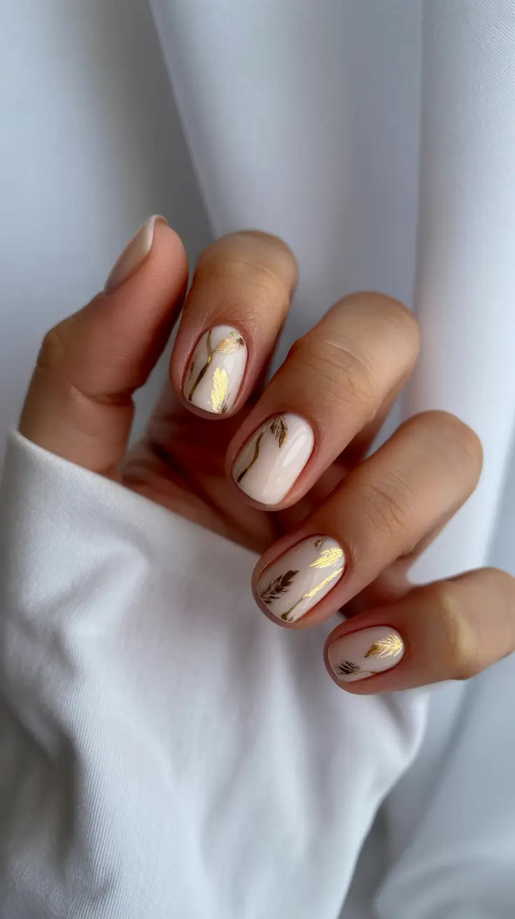dreamy spring wedding nails 2026 Soft Nude Short Nails with Gold Botanical Art