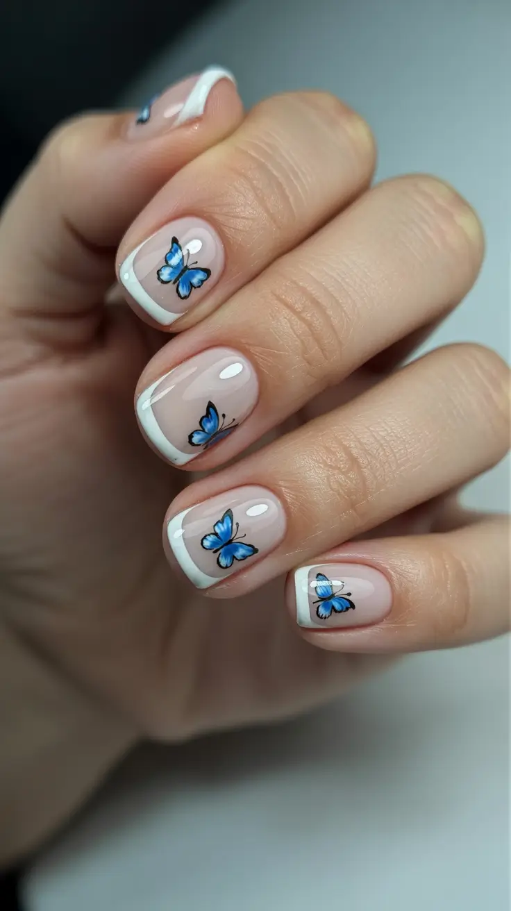 dreamy spring wedding nails 2026 Delicate Blue Butterfly French for a Playful Spring Wedding Look