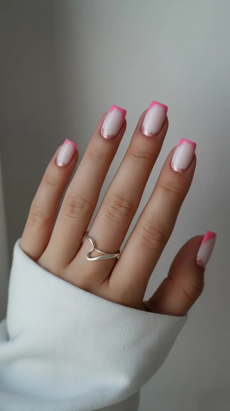 dreamy spring wedding nails 2026 Soft Pink Gradient Tips with Romantic Sparkle