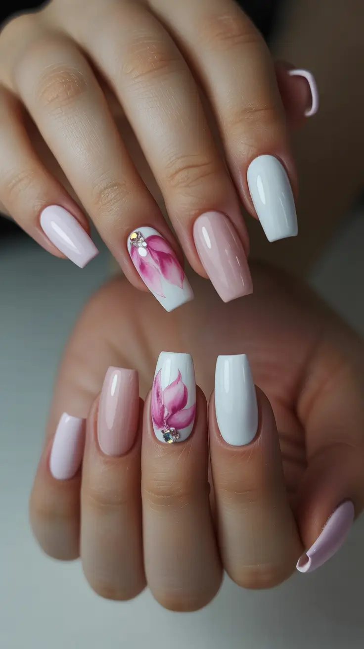 dreamy spring wedding nails 2026 Elegant Floral Bridal Nails with Soft Pink Blossoms