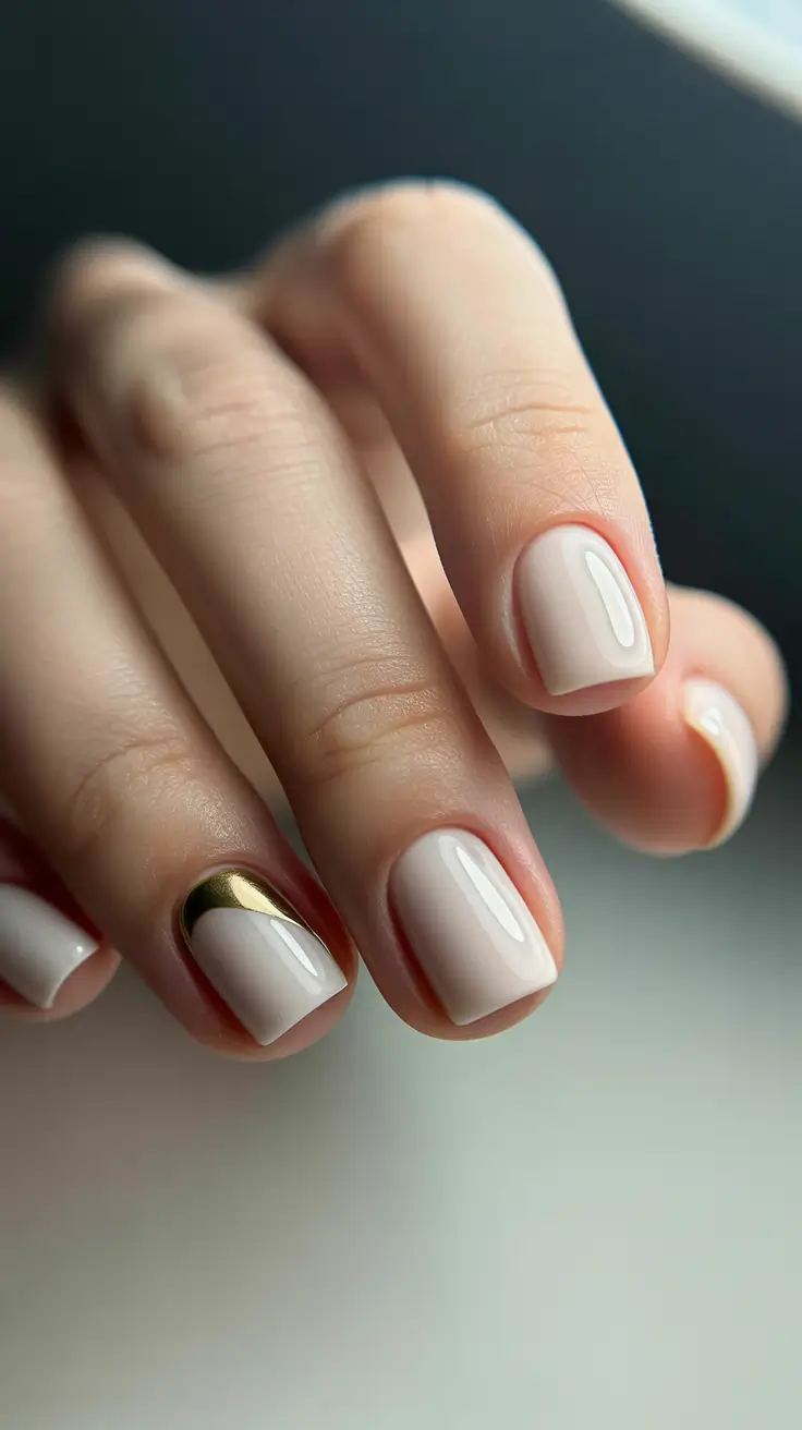 dreamy spring wedding nails 2026 Minimal Nude Short Nails with a Modern Gold Accent