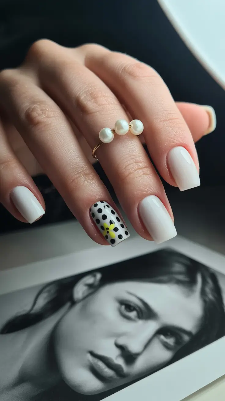 dreamy spring wedding nails 2026 Playful Polka Dot Accent Nails with Soft Bridal Neutrals