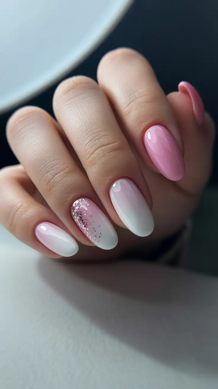 dreamy spring wedding nails 2026 Soft Pink Ombre Almond Nails with Glitter Accent