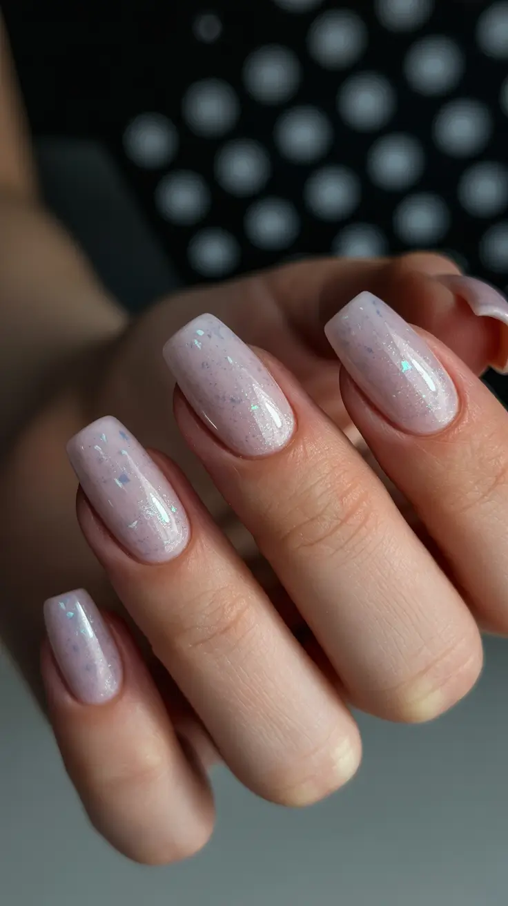 dreamy spring wedding nails 2026 Shimmering Milky Square Nails with Subtle Iridescent Flakes