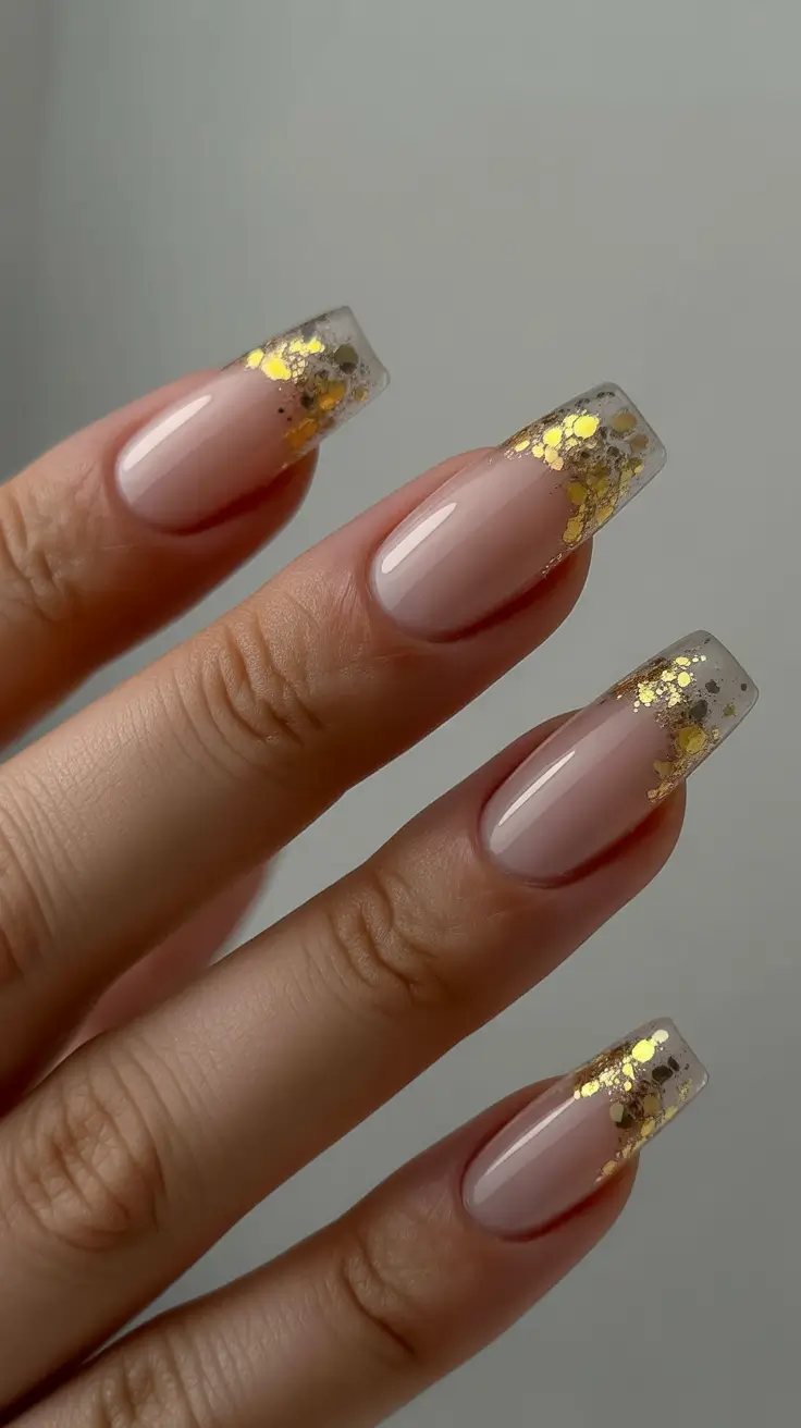 dreamy spring wedding nails 2026 Modern Nude Square Nails with Gold Glitter French Tips