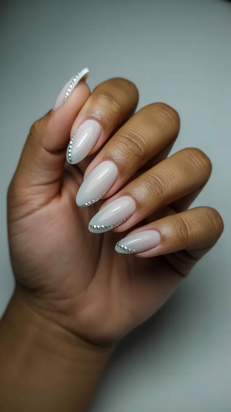 dreamy spring wedding nails 2026 Minimalist Almond Nails with Delicate Crystal Edges