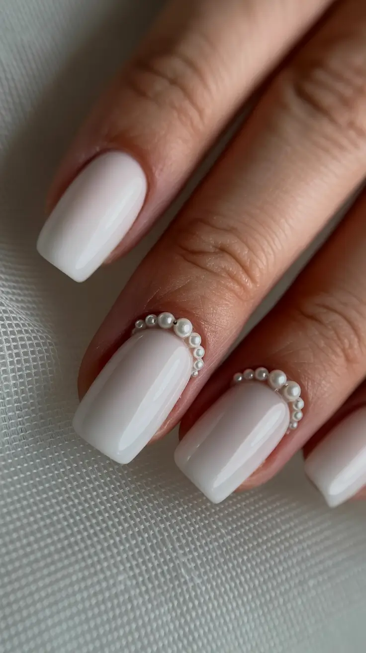 dreamy spring wedding nails 2026 Classic Bridal White Nails with Delicate Pearl Embellishments