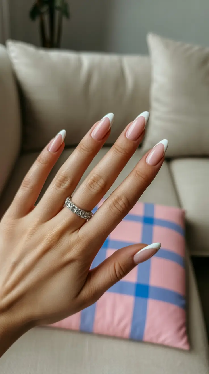 dreamy spring wedding nails 2026 Classic French Almond for a Timeless Bridal Look