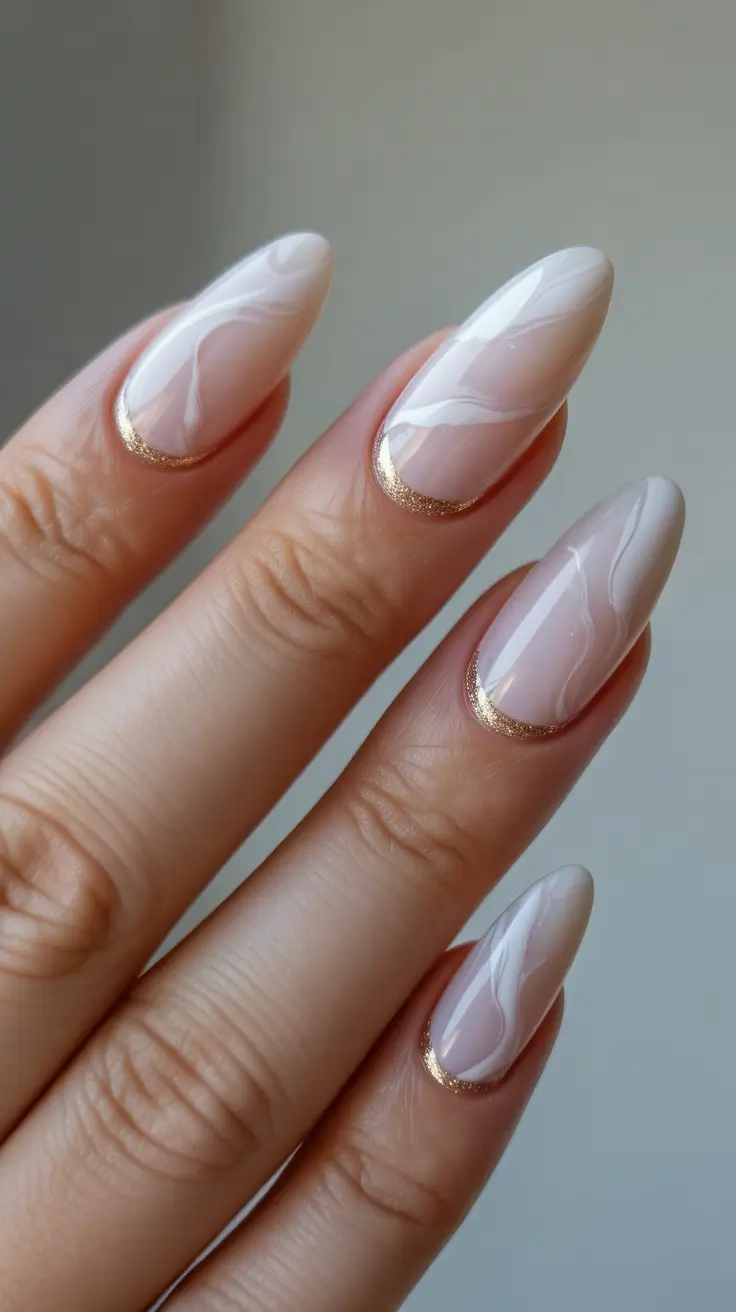 dreamy spring wedding nails 2026 Sheer Bridal Almond Nails with Soft Marble and Gold Accents