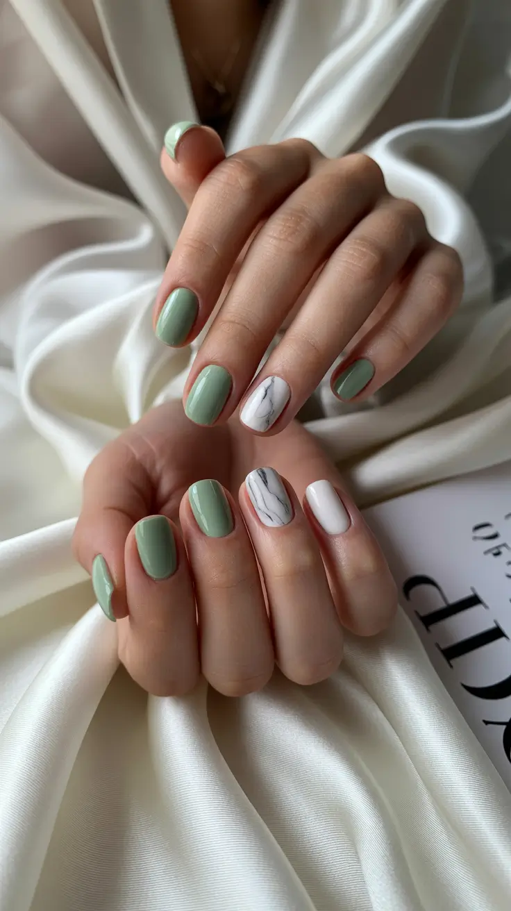 elegant spring short nails 2026 Soft Sage and Marble Accent