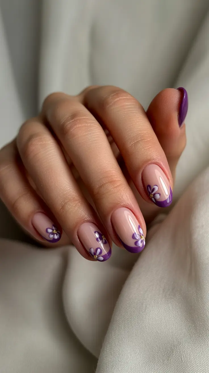 elegant spring short nails 2026 Purple Floral French Tip