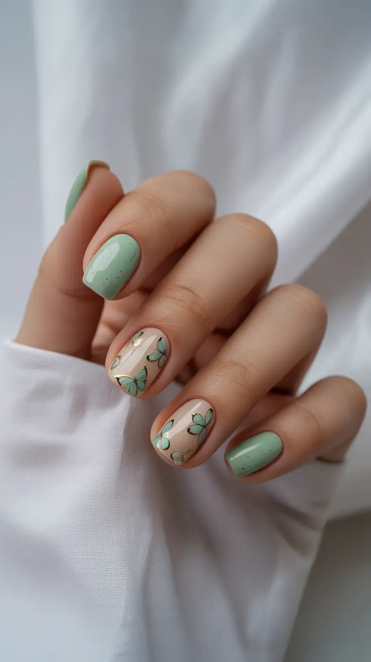 elegant spring short nails 2026 Mint Botanical Nail Art