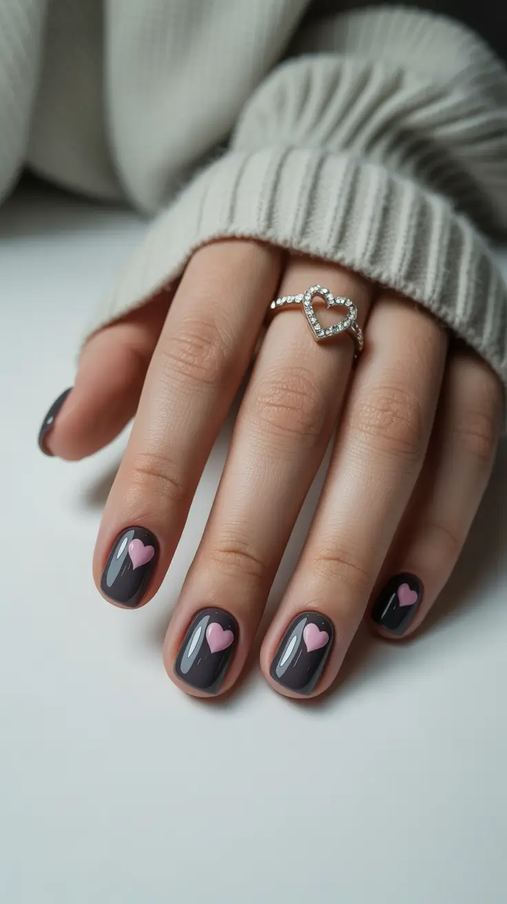 elegant spring short nails 2026 Charcoal Grey Heart Nails
