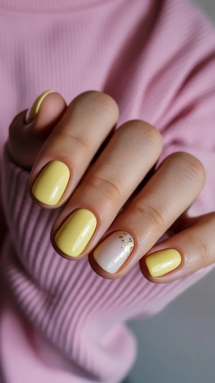 elegant spring short nails 2026 Yellow Nails with Gold Accent