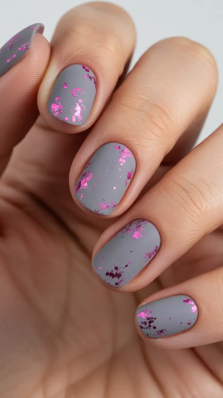 elegant spring short nails 2026 Matte Grey Nails with Pink Foil