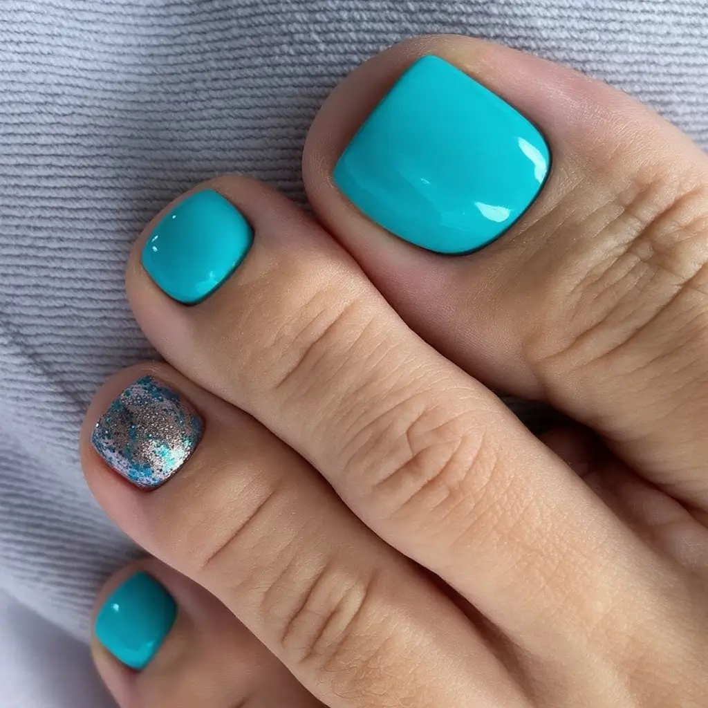 elegant spring toe nails 2026 Turquoise Pedicure with Glitter Accent