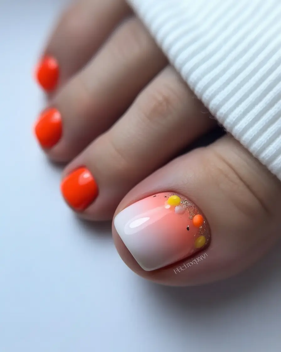 elegant spring toe nails 2026 Peach Ombre Pedicure with Color Accents