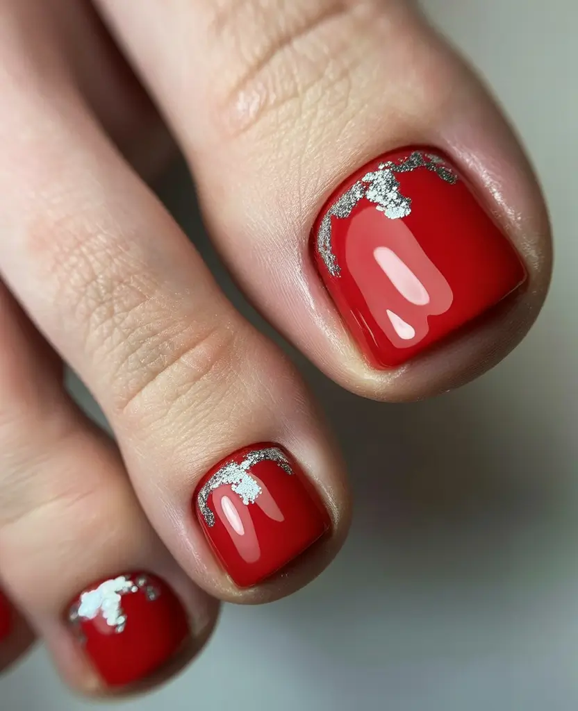 elegant spring toe nails 2026 Classic Red Pedicure with Metallic Accent