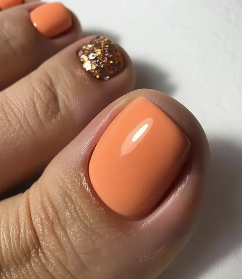 elegant spring toe nails 2026 Peach Pedicure with Glitter Accent