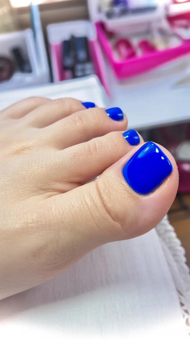 fresh spring toe nail color 2026 Electric Sapphire Blue Pedicure That Feels Like Pure Spring Energy