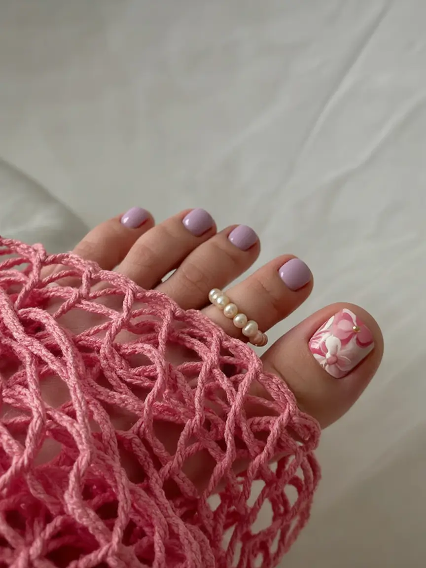 fresh spring toe nail color 2026 Soft Blush Pedicure with Romantic Floral Detail