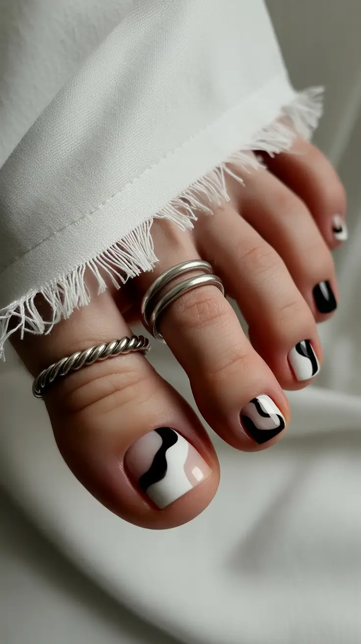 fresh spring toe nail color 2026 Modern Black and White Pedicure with Graphic Contrast