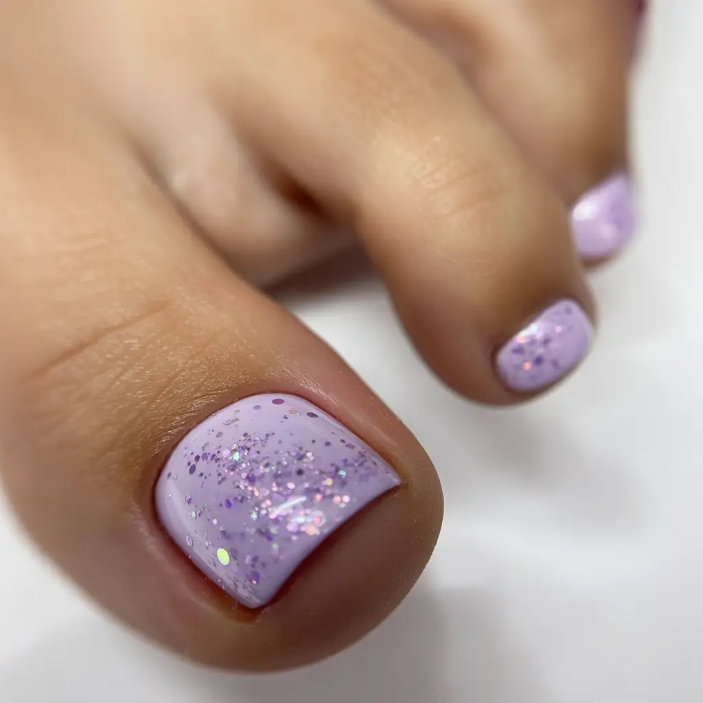 fresh spring toe nail color 2026 Lavender Glitter Pedicure for Soft Early Spring Sparkle