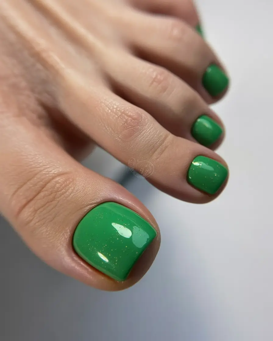 fresh spring toe nail color 2026 Fresh Botanical Green Pedicure with Subtle Sparkle