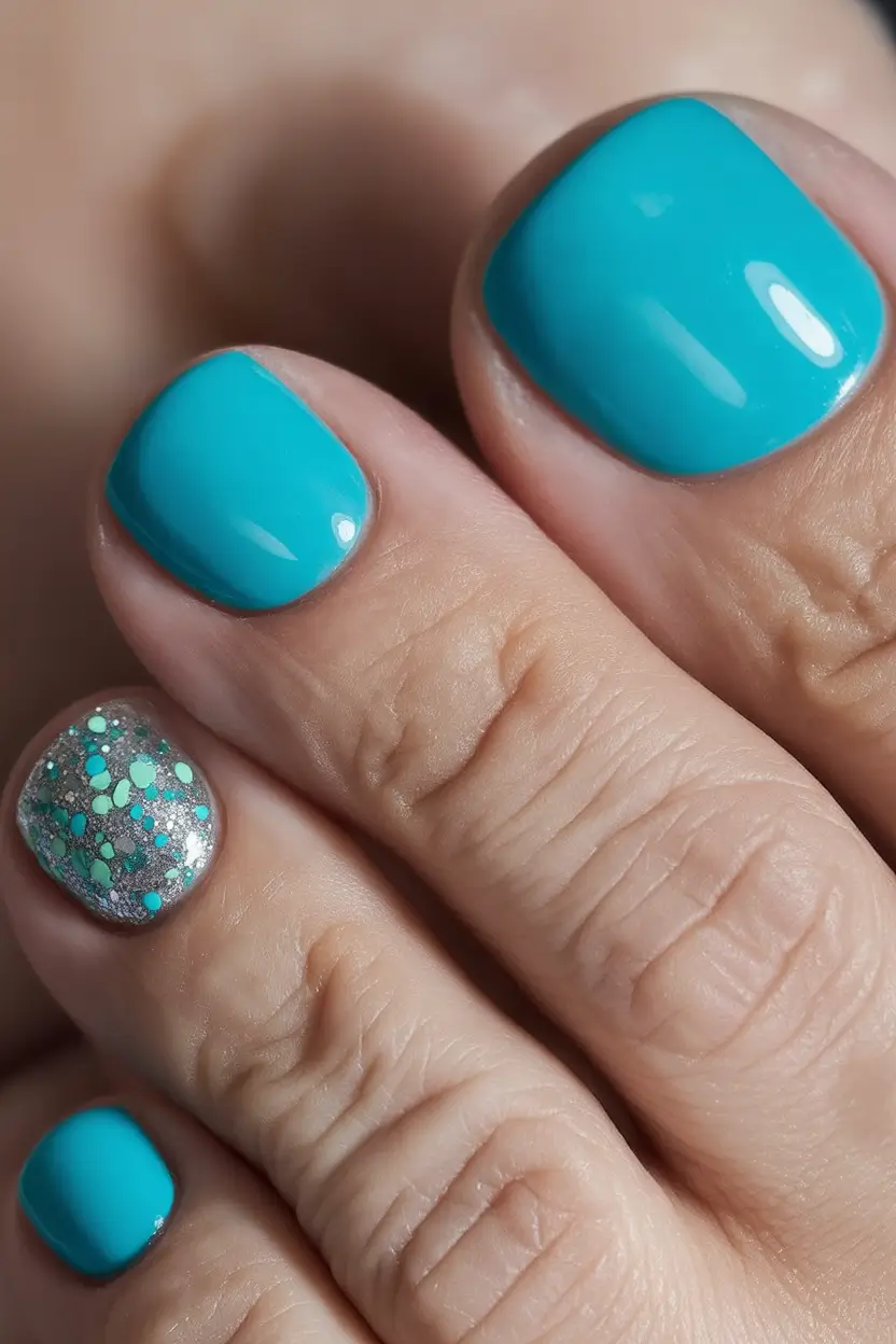 fresh spring toe nail color 2026 Turquoise Accent Pedicure with Playful Glitter Detail