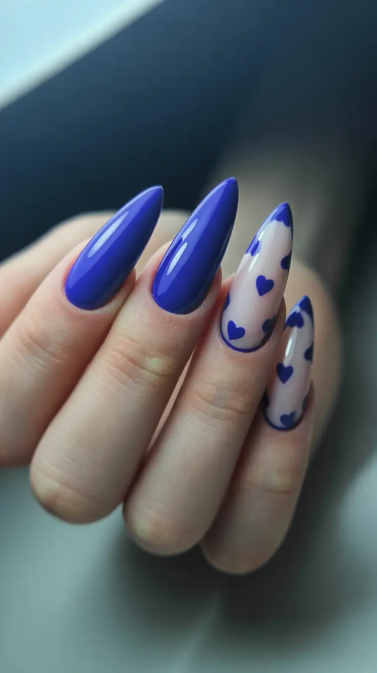 glamorous spring stiletto nails 2026 Royal Blue Hearts