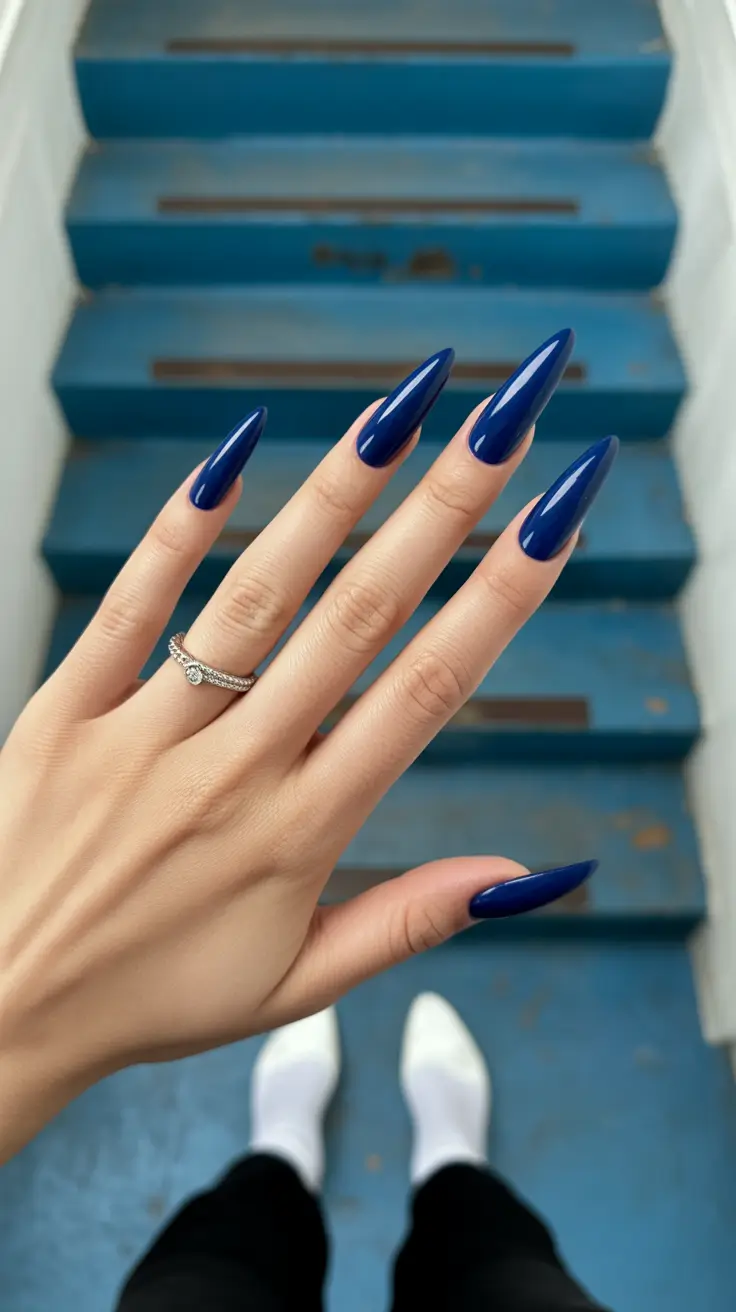 glamorous spring stiletto nails 2026 Midnight Navy Elegance