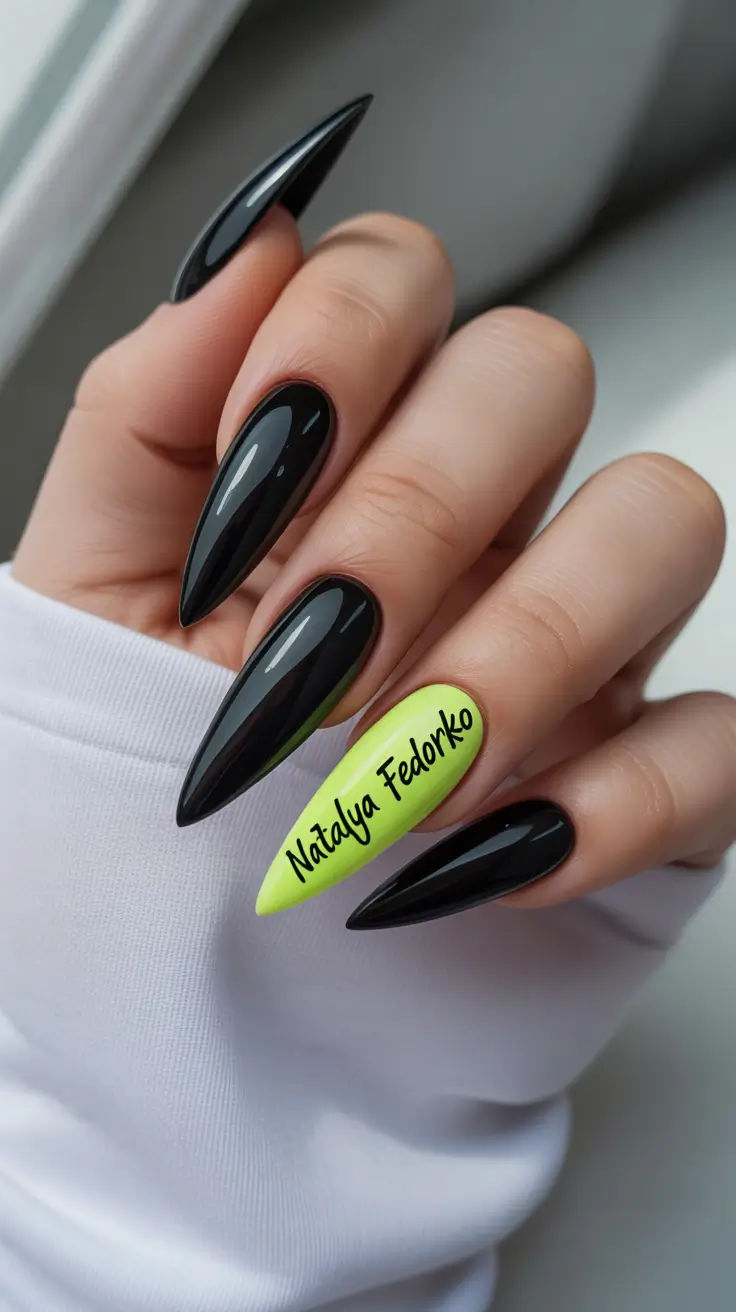 glamorous spring stiletto nails 2026 Neon Accent with Classic Black