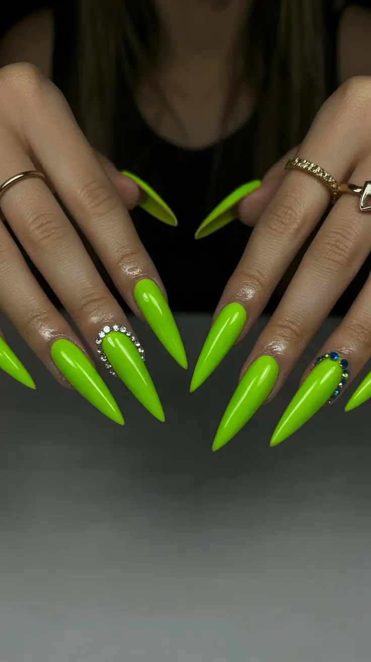 glamorous spring stiletto nails 2026 Electric Green Glam with Rhinestones
