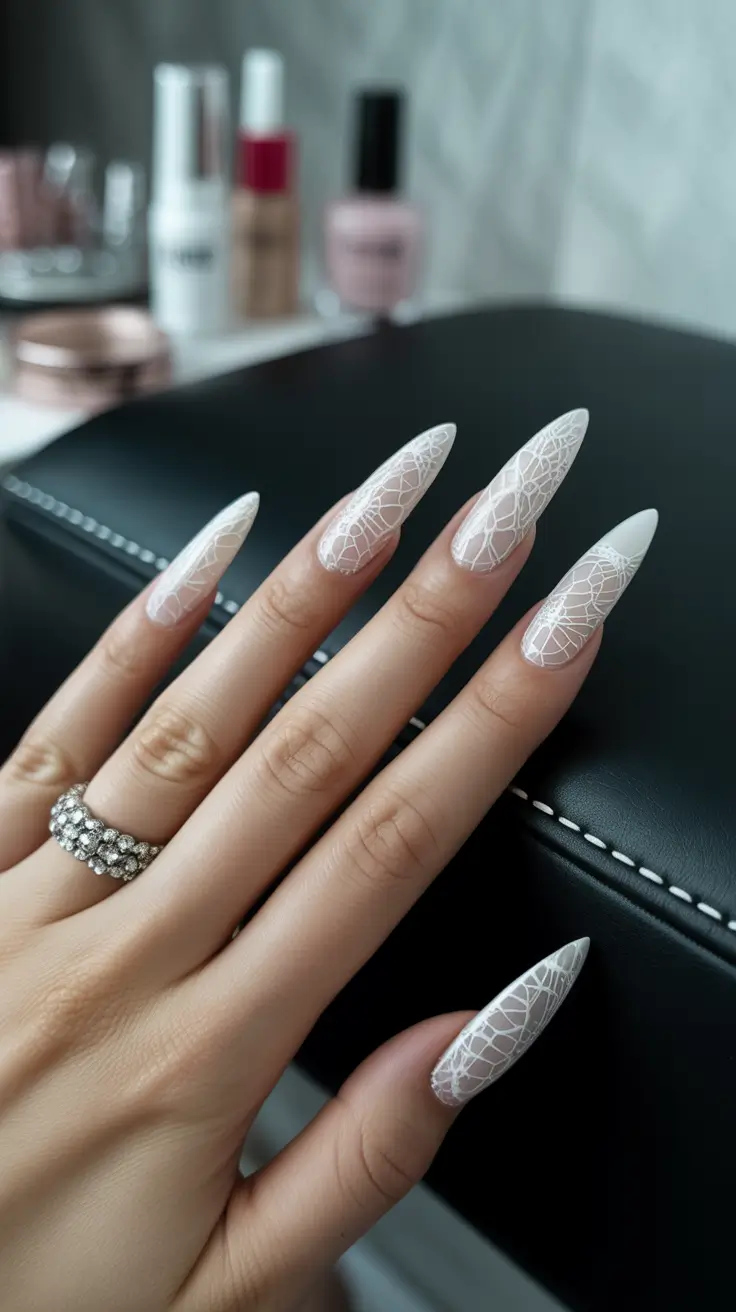glamorous spring stiletto nails 2026 Delicate White Lace Elegance