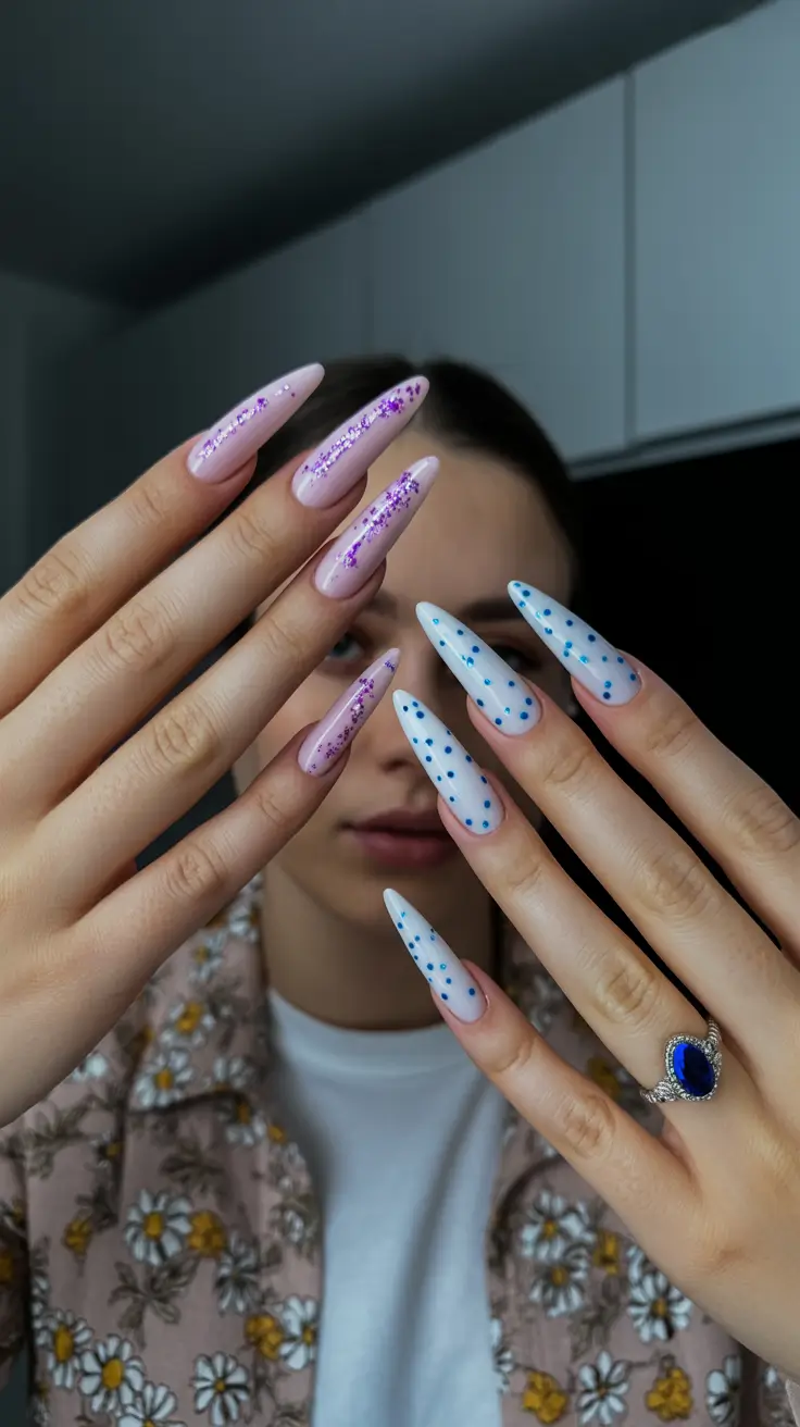 glamorous spring stiletto nails 2026 Playful Glitter and Polka Dots