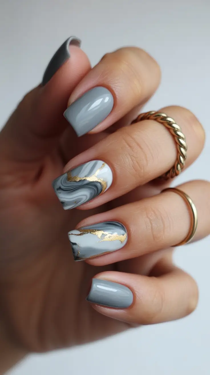 May Nails Ideas 2026 Grey Marble Luxe with Golden Veins