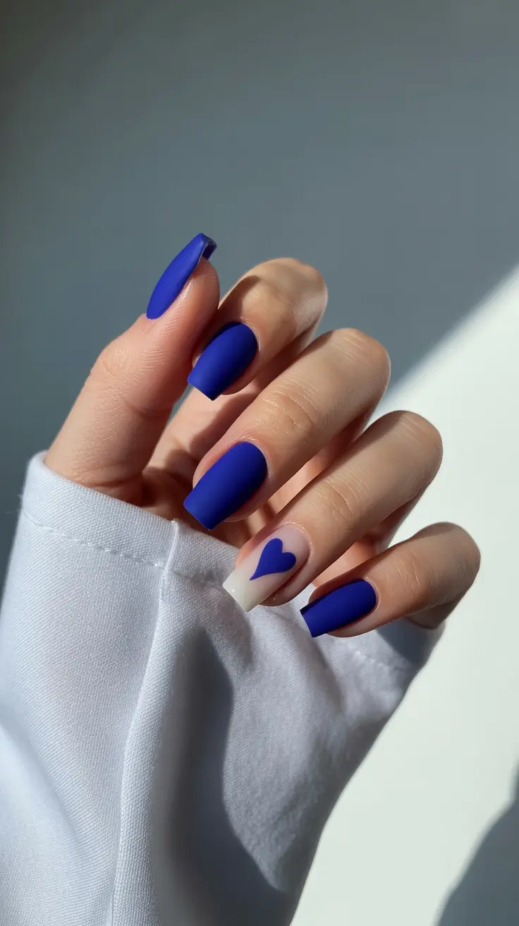 May Nails Ideas 2026 Matte Cobalt Heart Accent for Playful Statements