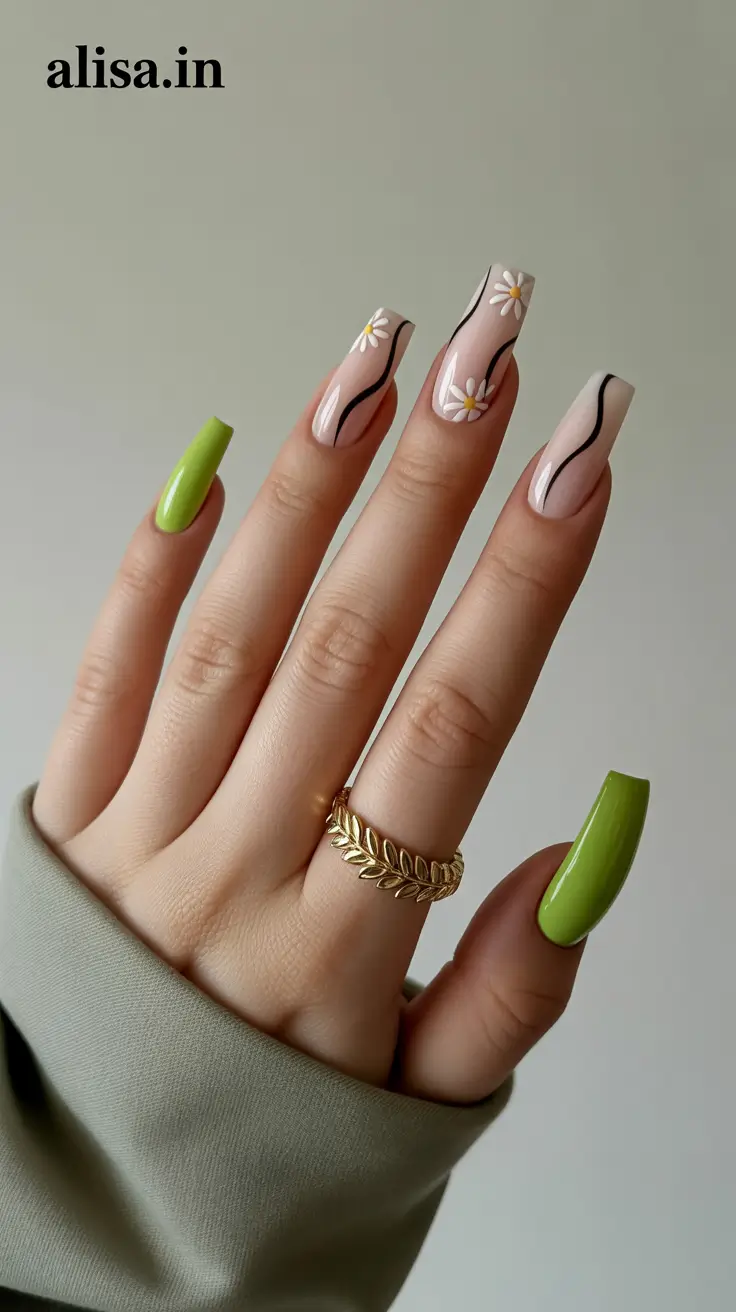 May Nails Ideas 2026 Lime Botanical Waves for Artistic Spring Energy
