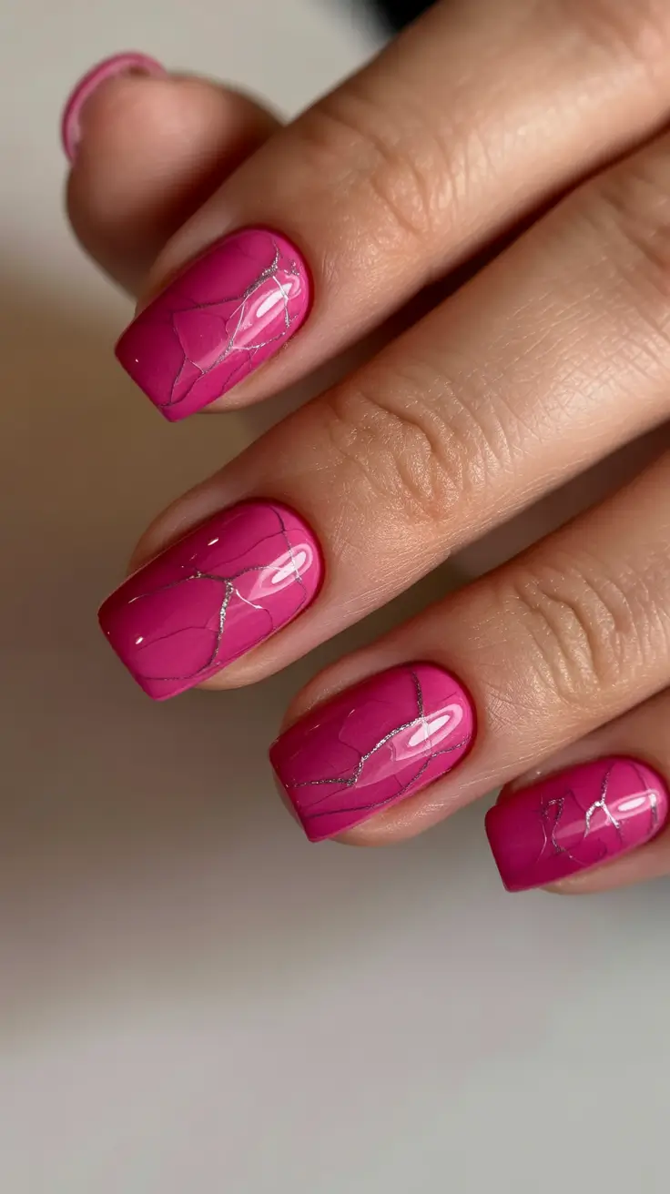 May Nails Ideas 2026 Glossy Hot Pink Marble for Mood Boosting Moments