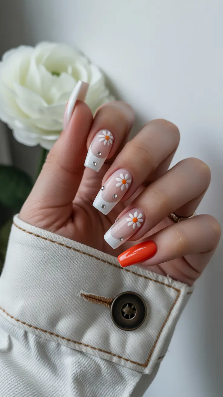 May Nails Ideas 2026 Daisy French Sparkle for Romantic May Weekends