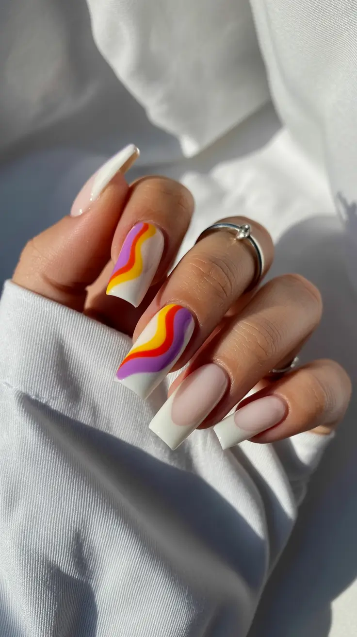 May Nails Ideas 2026 Retro Wave Almond Fantasy for Early Summer Daydreaming