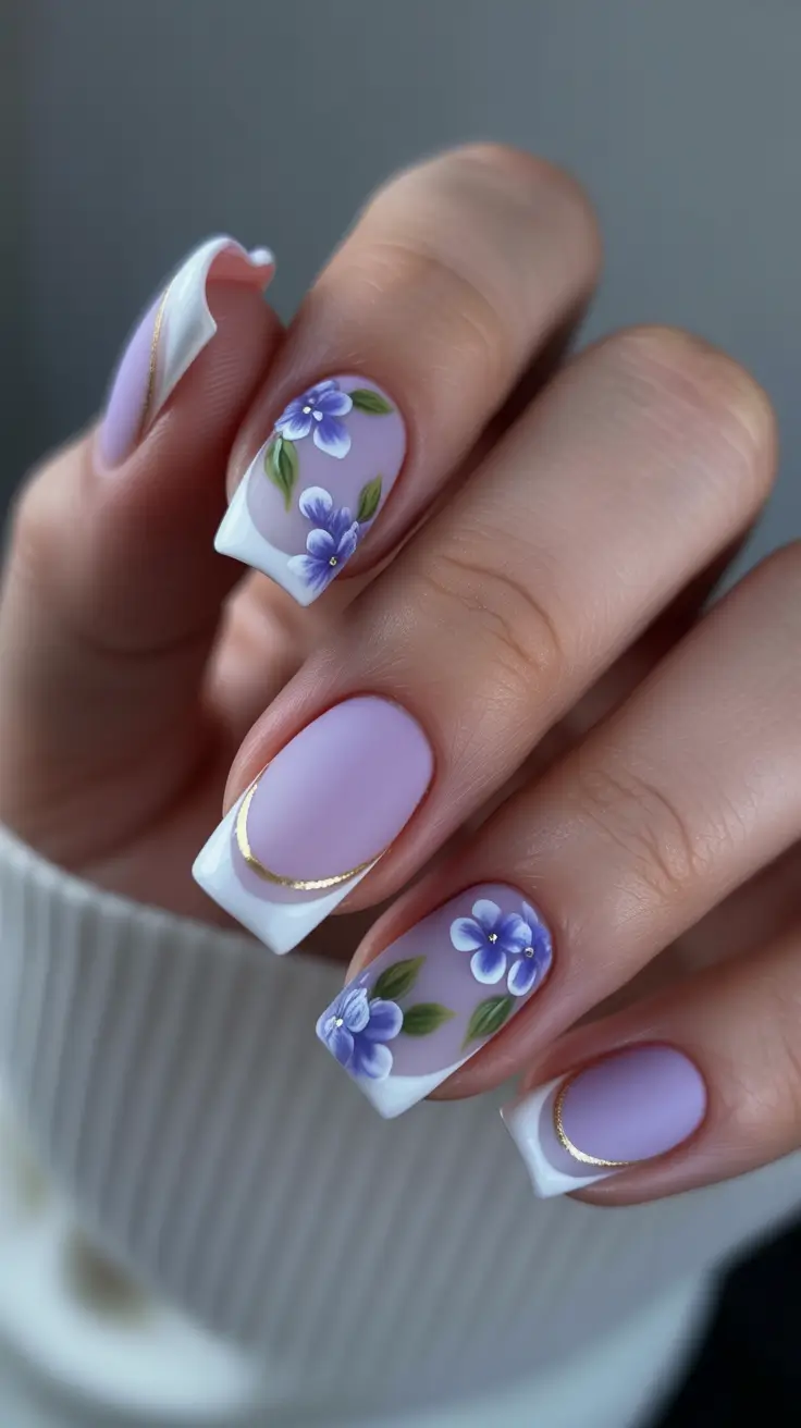 May Nails Ideas 2026 Lavender Garden Romance with Soft Gold Lines