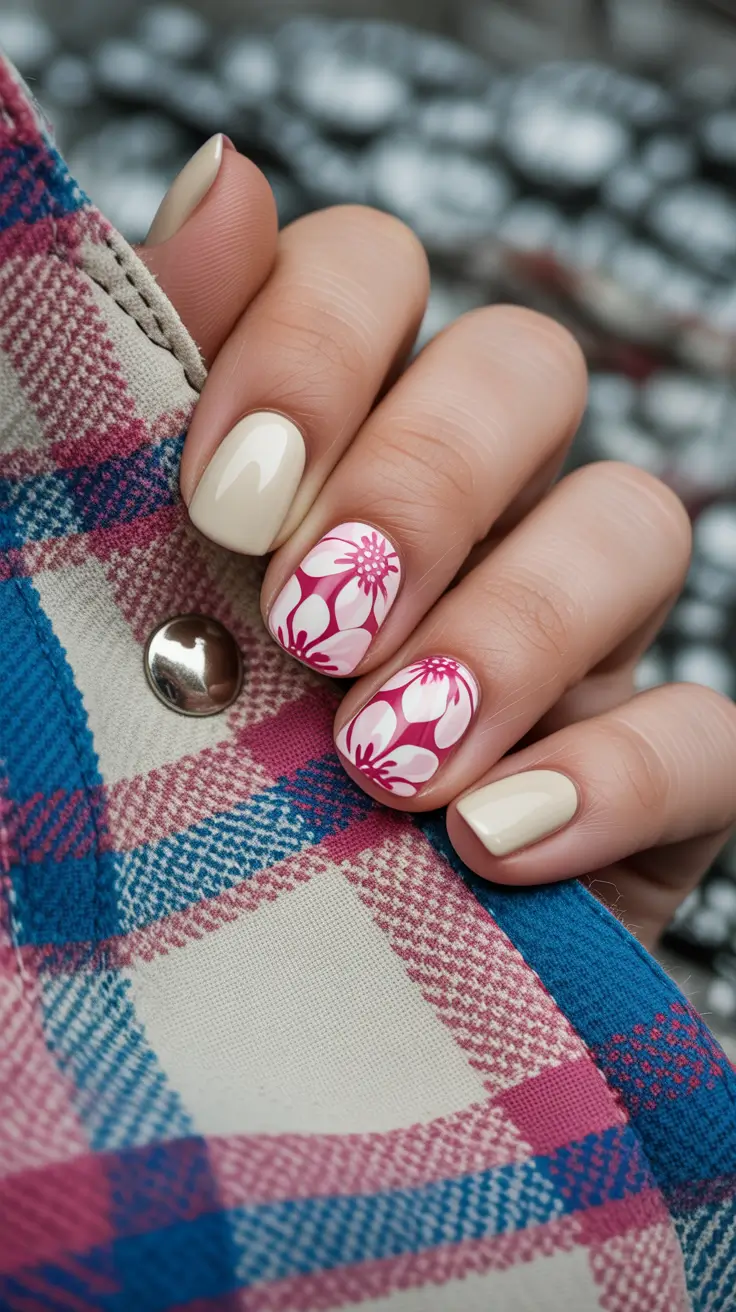 May Nails Ideas 2026 Short Cream Florals for Effortless Everyday Chic