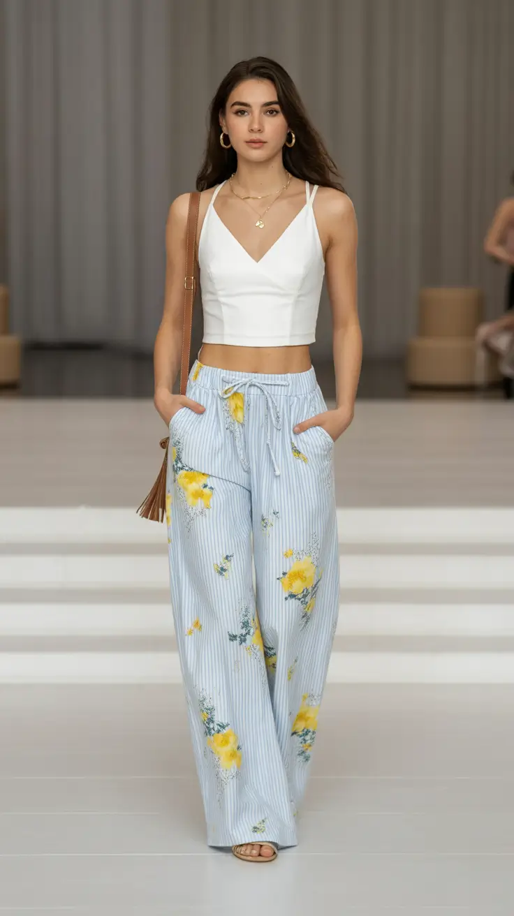 May outfits ideas 2026 Relaxed Floral Trousers with Modern Crop Tops
