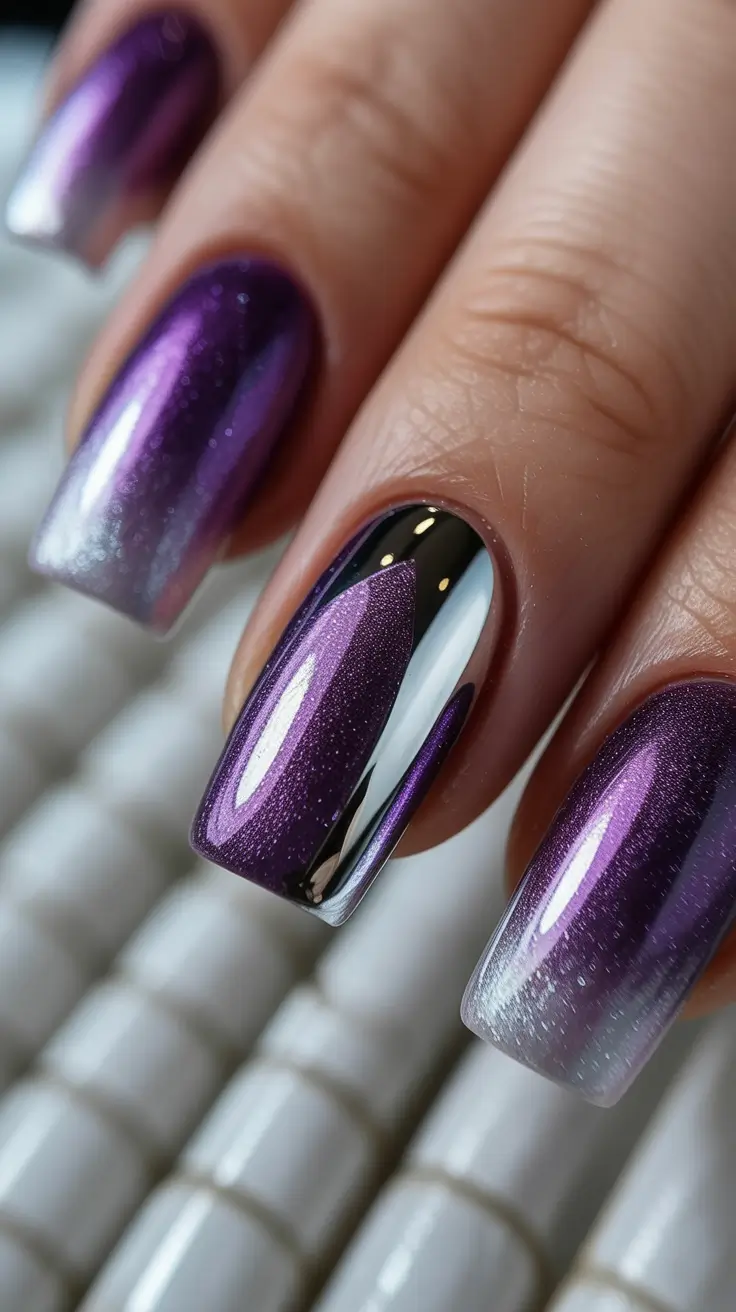 modern spring nails for pale skin 2026 Glazed Violet Chrome with Futuristic Shine