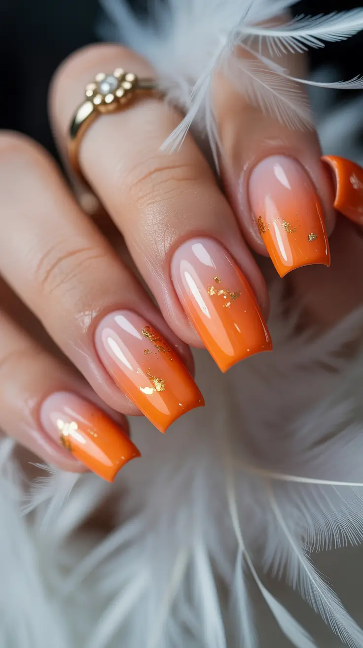 modern spring nails for pale skin 2026 Sunset Orange Ombre with Gold Foil Glow