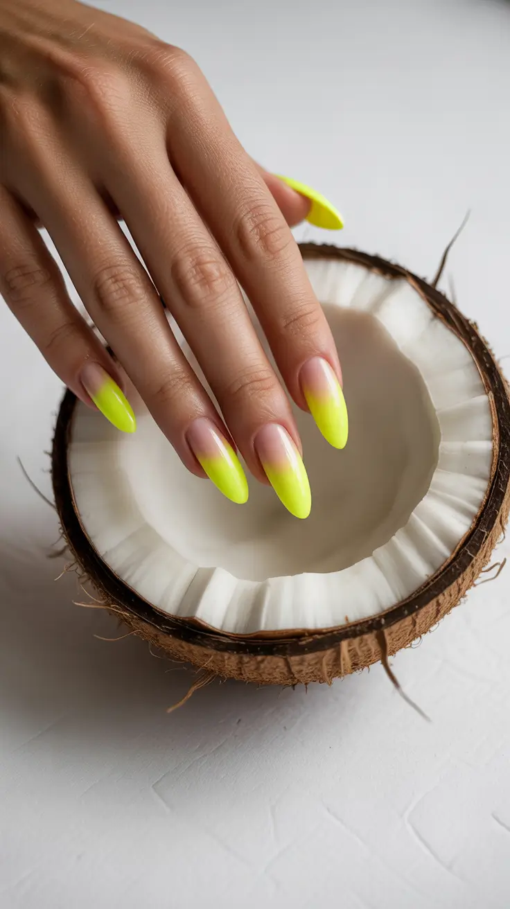 modern spring nails for pale skin 2026 Neon Lime Almond Fade for Tropical Freshness
