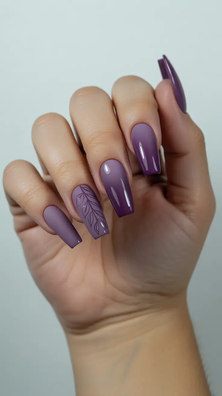 modern spring nails for pale skin 2026 Matte Lavender Gradient with Botanical Accent