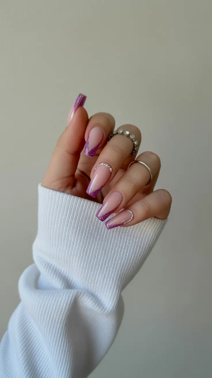 modern spring nails for pale skin 2026 Glitter V French with Crystal Elegance