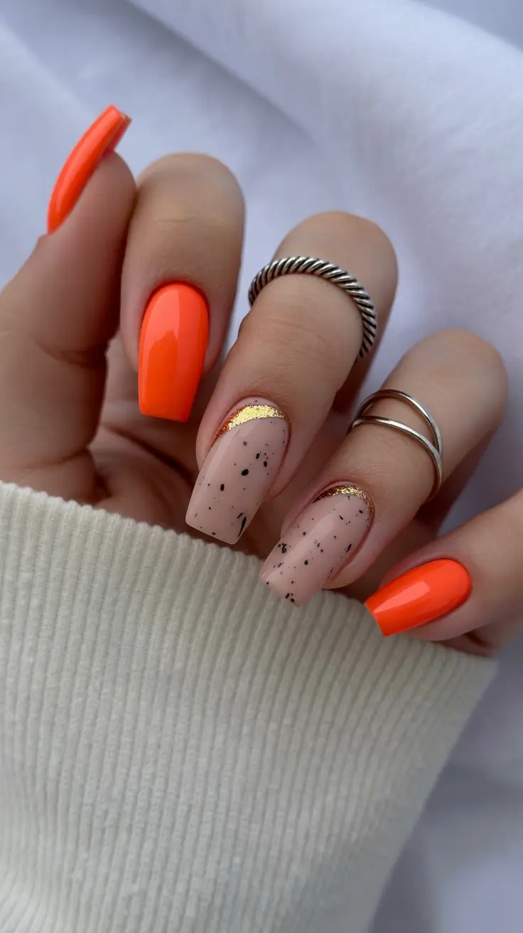 modern spring nails for pale skin 2026 Neon Coral Statement Nails with Speckled Nude Accent
